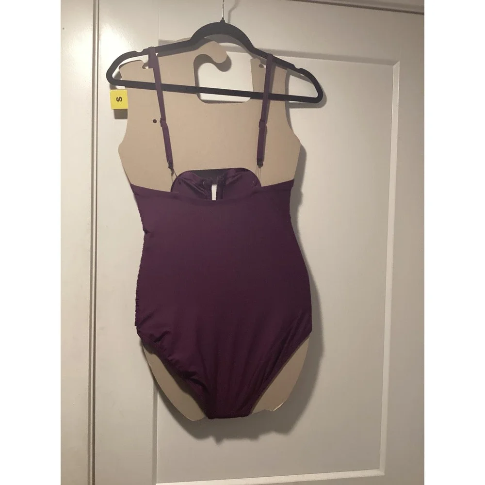 DKNY Womens Ruched One Piece Swimsuit Purple Slimming Sweetheart‎ Neck Size S - Picture 2 of 5